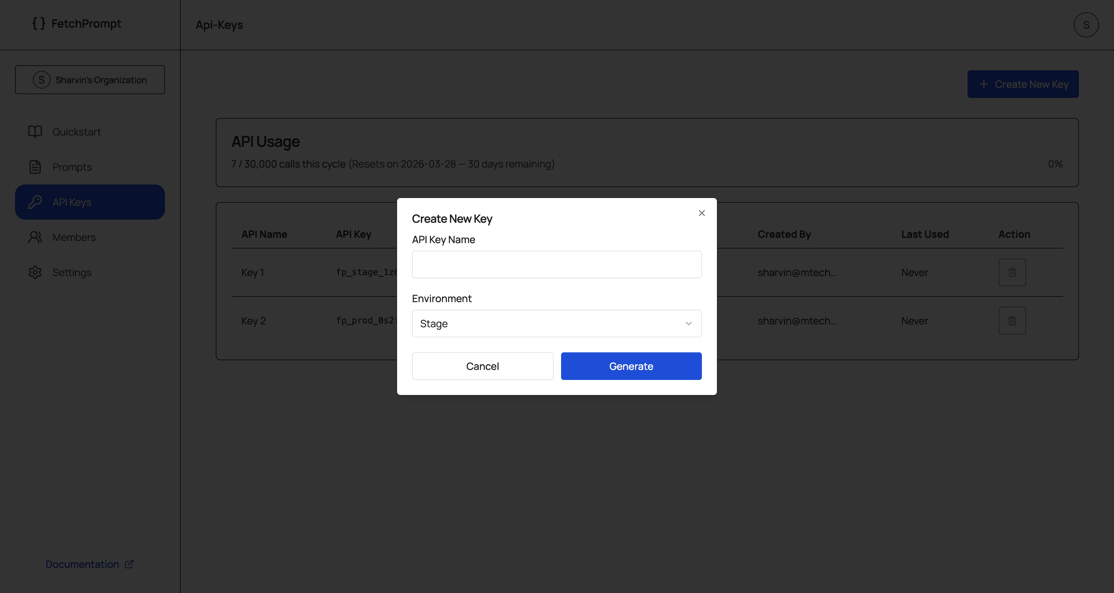 FetchPrompt - Create an API key in the dashboard